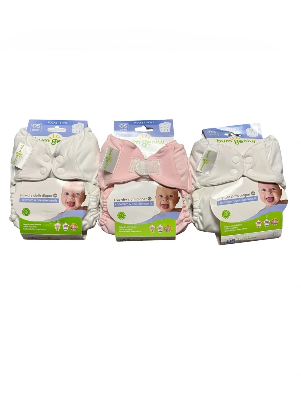 bumGenius Pocket Style Stay-Dry Cloth Diapers 2 White 1 Pink O/S 8-35 lbs new